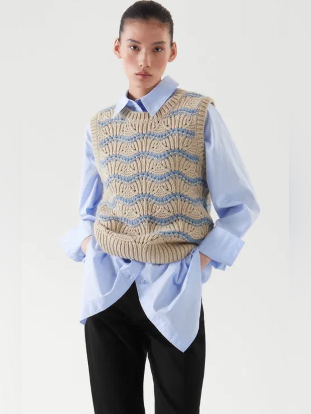 COS Pointelle Knit Scallop Blue Beige Vest Size Small Wool Blend
